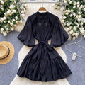 French retro bubble sleeve shirt dress with tie-waist and tulle detail – a unique and exquisite mid-length dress