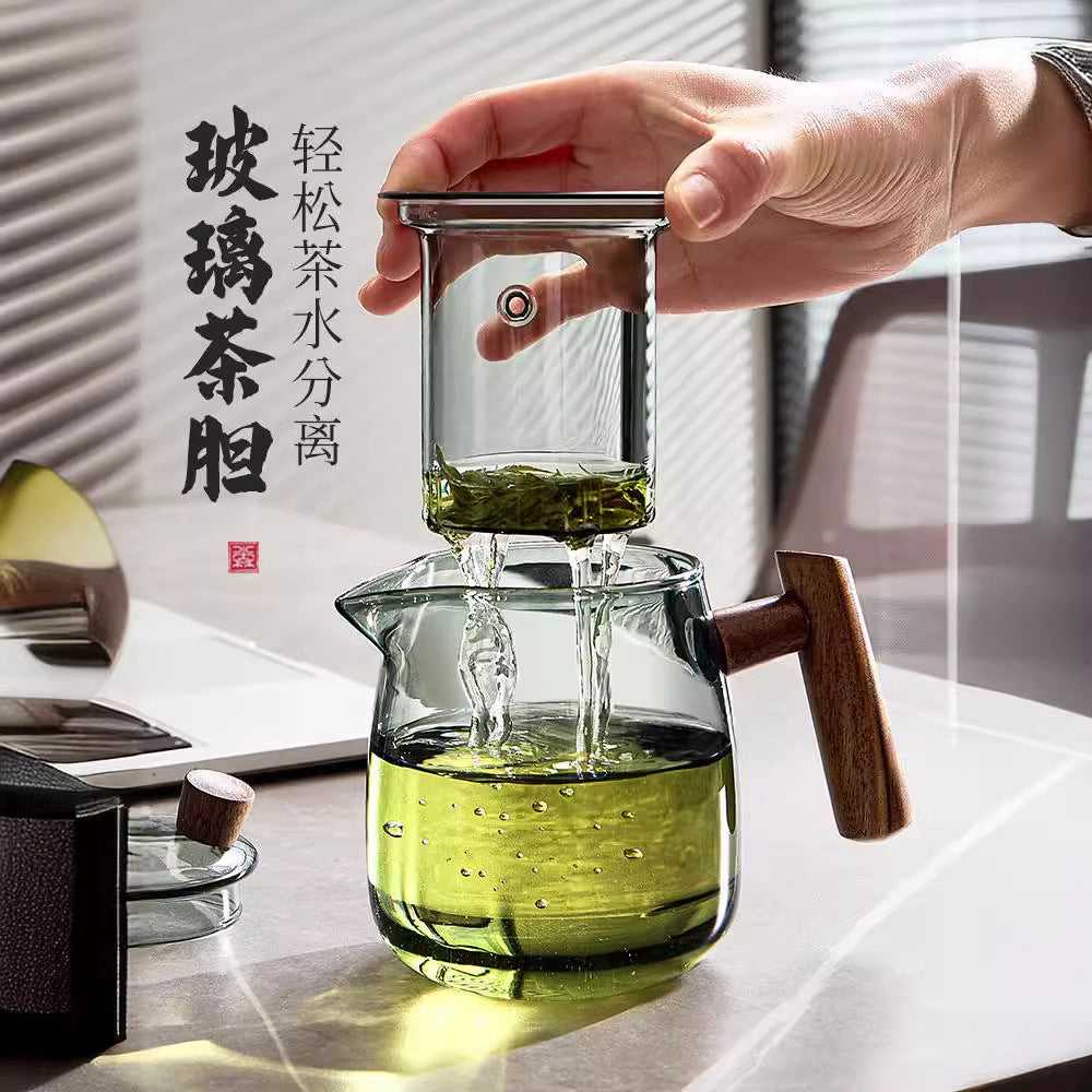 Yanxie teapot solid wood handle tea water separation cup tea separation pot heat-resistant glass tea set suitfor home teapot