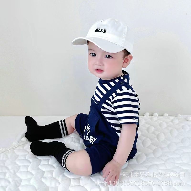 Infant and toddler summer super cute fashion onesie, unisex baby romper, stylish faux suspender short-sleeve jumpsuit for outdoor wear