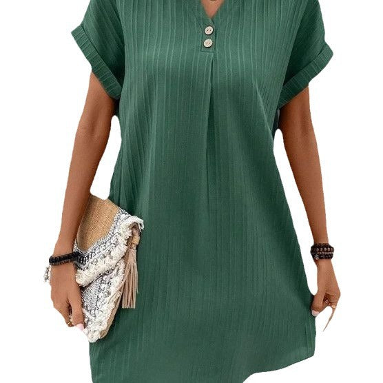 Cross-border European and American women's clothing 2025 new  V-neck solid color pullover button dress loose European and American style