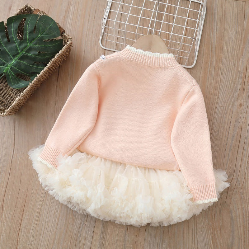 Girls' spring two-piece skirt set: princess-style puffy skirt with korean-style knitted cardigan for baby girls