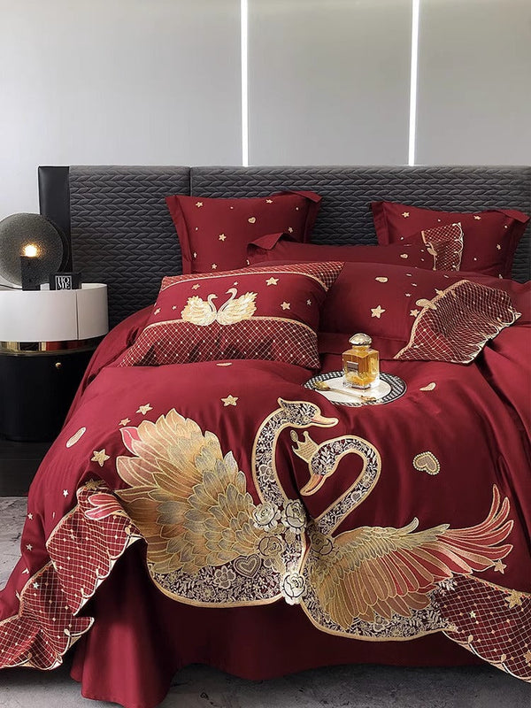 Red festive swan embroidery 100 long-staple cotton four-piece set pure cotton satin bed sheet quilt cover cotton wedding 1.8