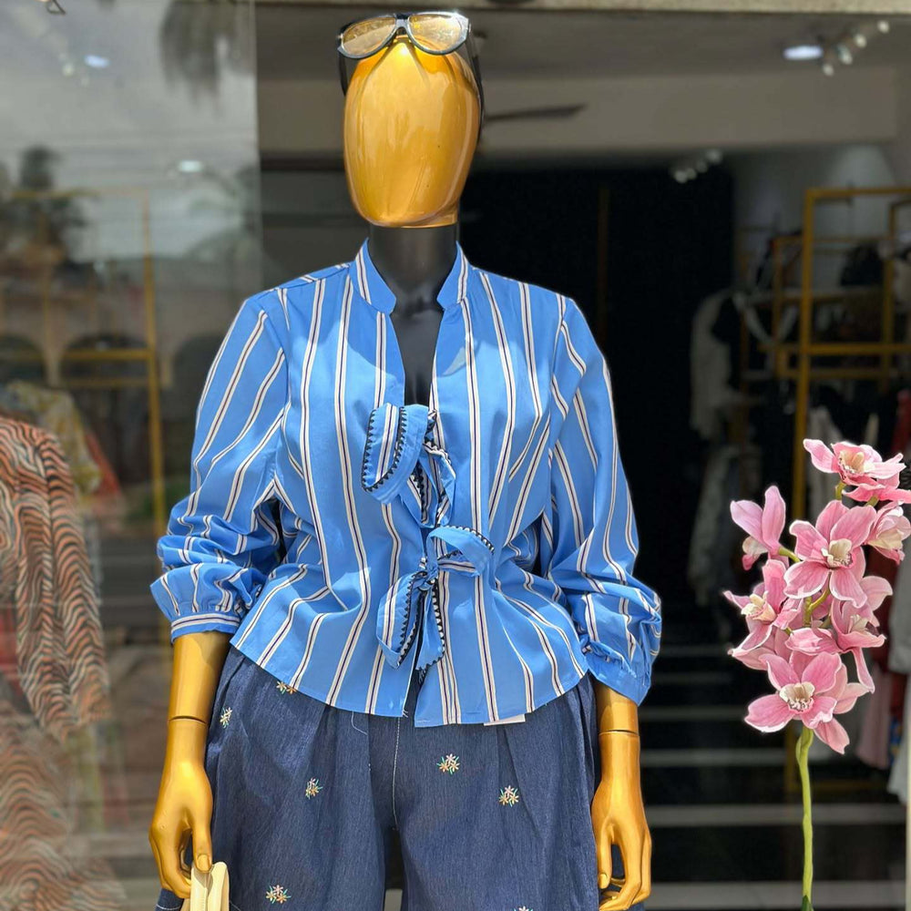 European and american cross-border women's fashion:  summer new arrivals - stylish and elegant bow-tie striped long-sleeve shirt top