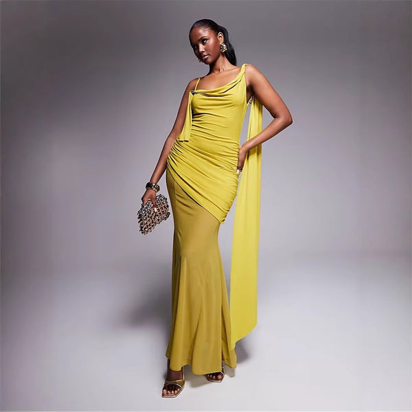Cross-border new European and American style solid color sexy suspender chiffon splicing dress high-end temperament streamer dress dress dress women