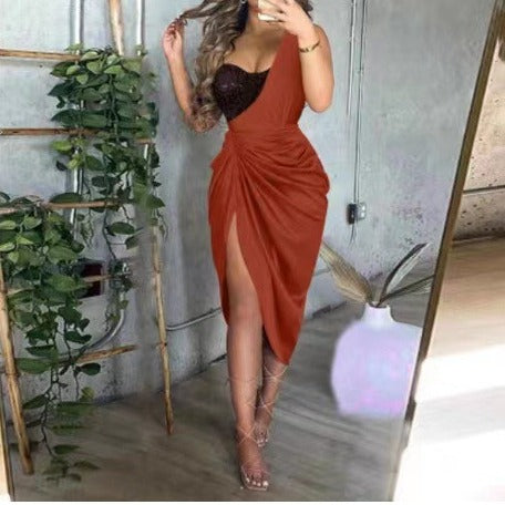 european and american cross-border   women's sexy sequin slit ruched one-shoulder evening gown