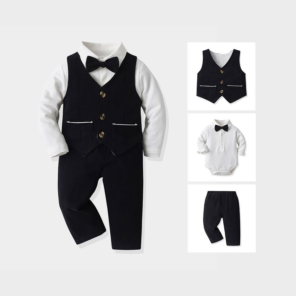 Wholesale new spring/autumn boys' gentleman outfit: vest, romper, and three-piece set for baby and toddler first birthday celebration