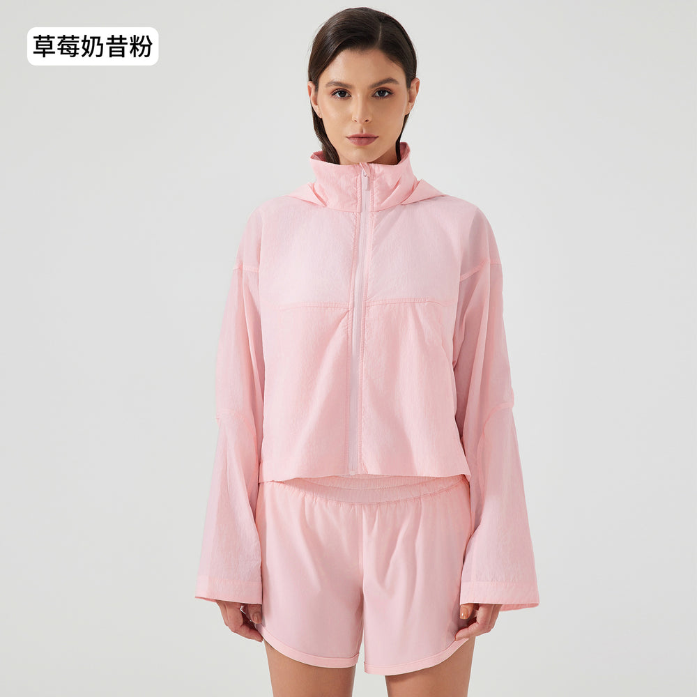 Summer short hidden hood windbreaker women's waterproof lightweight quick-dry breathable outdoor sports jacket d25006