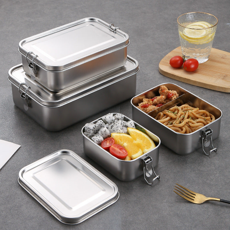 Outdoor 304 stainless steel square lunch box with snap-lock lid, food-grade bento box for students and office workers, airtight meal container
