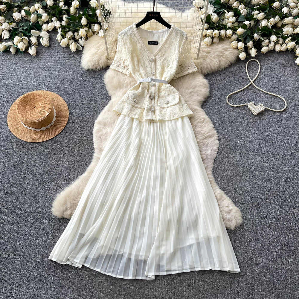 Xiaoxiangfenglaceheavy industrypatchworkpleated dress colorsummerv neck waist pleated long skirteleganceslimming look