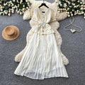 Xiaoxiangfenglaceheavy industrypatchworkpleated dress colorsummerv neck waist pleated long skirteleganceslimming look