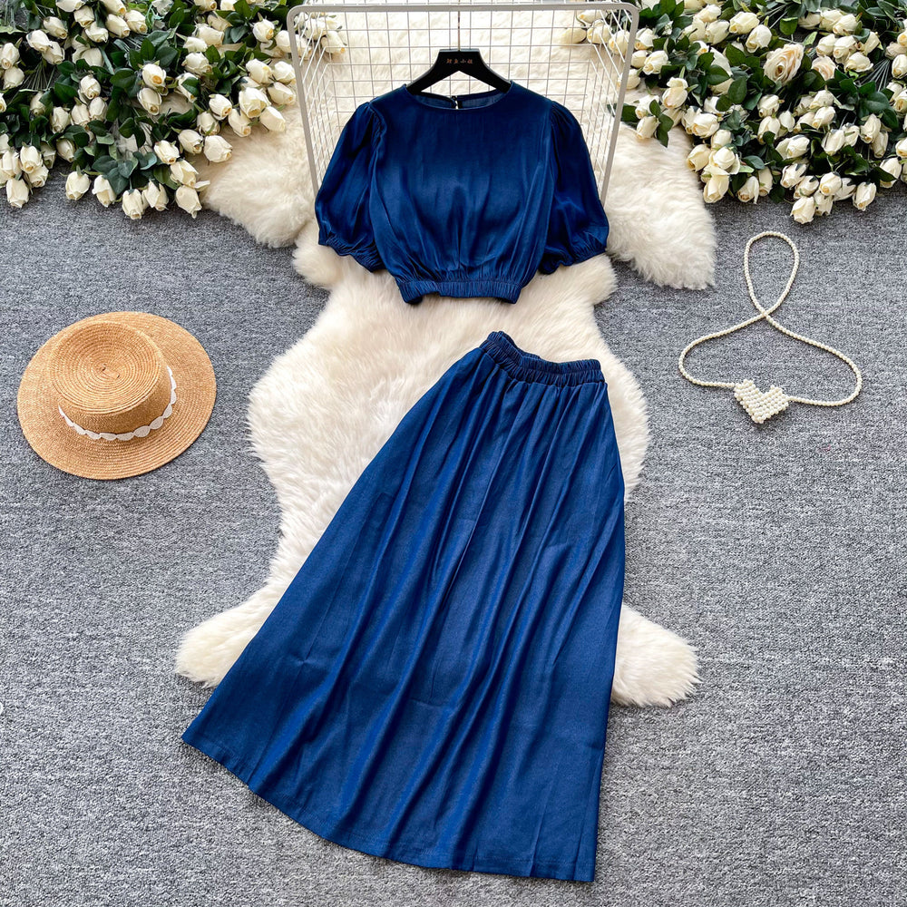 K-stylework clothing style lantern sleeve shirt high waist skirt women's summernew arrival waist slimming looktwo-piece set light mature style