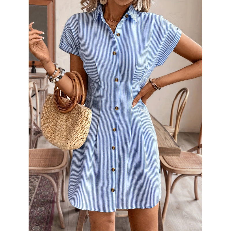 Shipped: cross-border  fashion summer shirt dress - blue striped cardigan short-sleeve dress