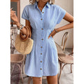 Shipped: cross-border  fashion summer shirt dress - blue striped cardigan short-sleeve dress