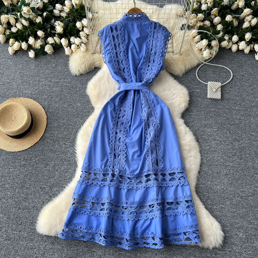 Frenchretro stand collar cut outlacepatchwork pearl single breasted waist slimming look long large swing dress for women