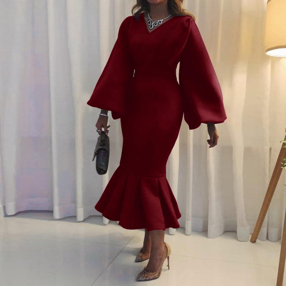 women's spring  new arrivals: european and american fashion plus size v-neck long sleeve sexy mermaid dress - export quality