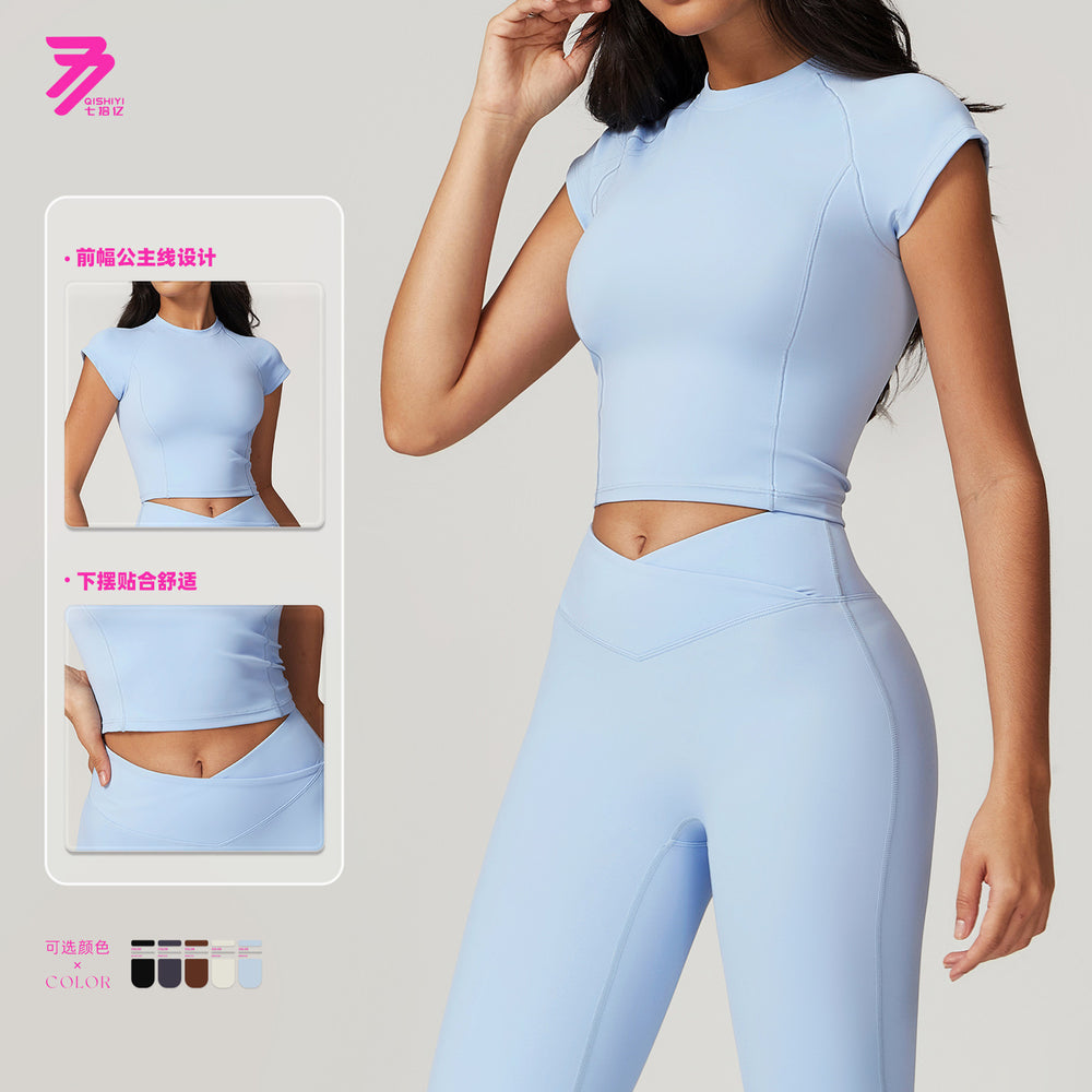 Eco-friendly recycled compression quick-dry yoga set - activewear running short sleeve set with racerback design - women's fitness apparel 8799