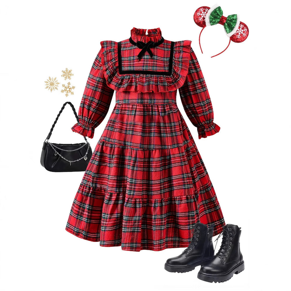 girls' christmas red dress - lolita style plaid lace high neck bow long sleeve a-line skirt