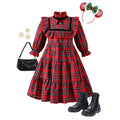 girls' christmas red dress - lolita style plaid lace high neck bow long sleeve a-line skirt