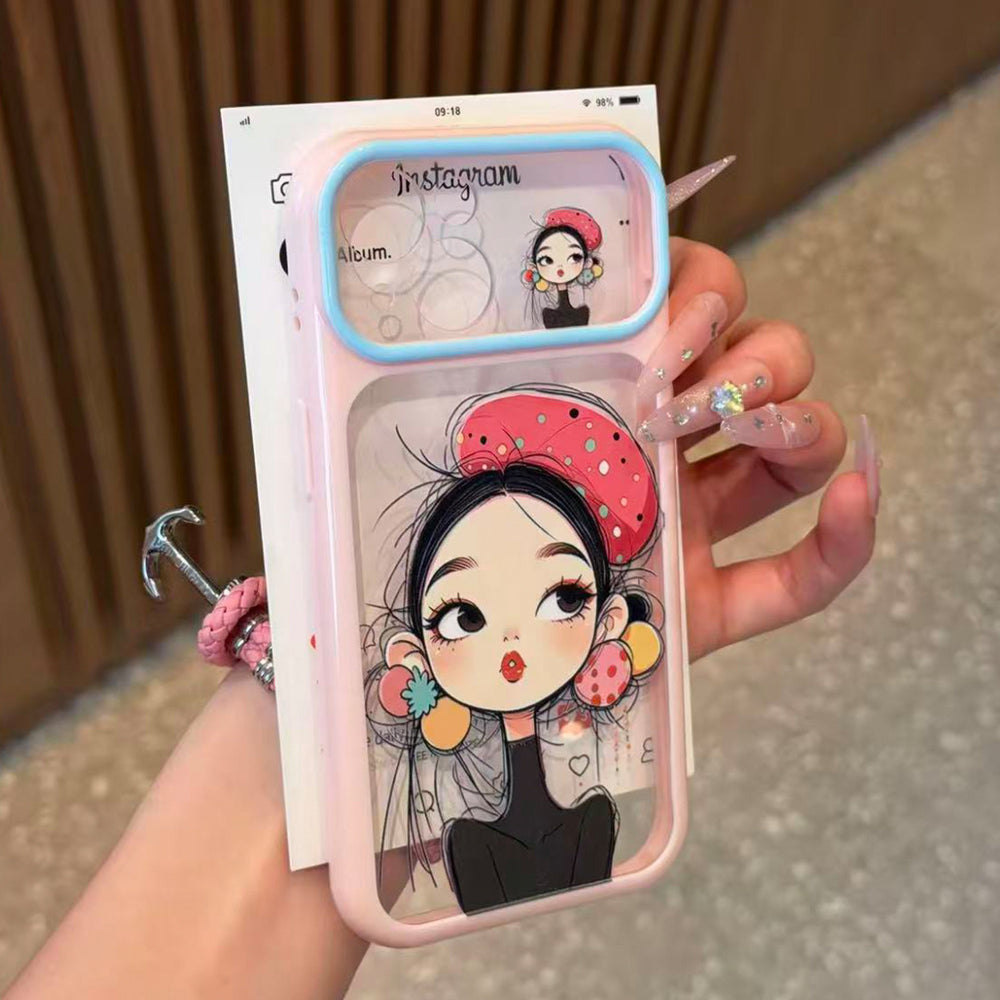 Two-tone, large-window cartoon girl phone case for iphone 18 - vintage hat girl apple 17 protective cover
