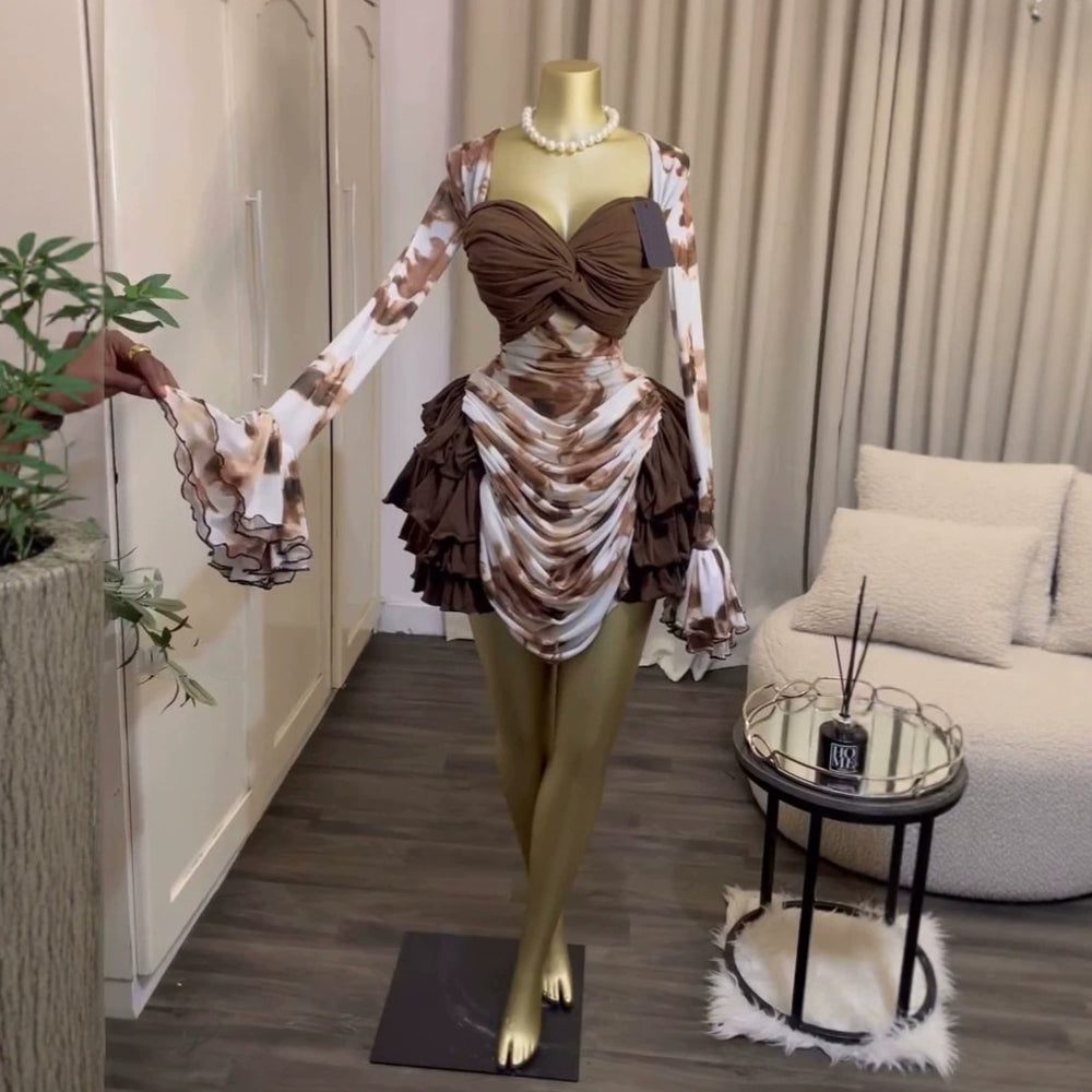 European and american cross-border women's clothing:  summer new arrival - elegant printed ruffle-trimmed flared sleeve pleated dress