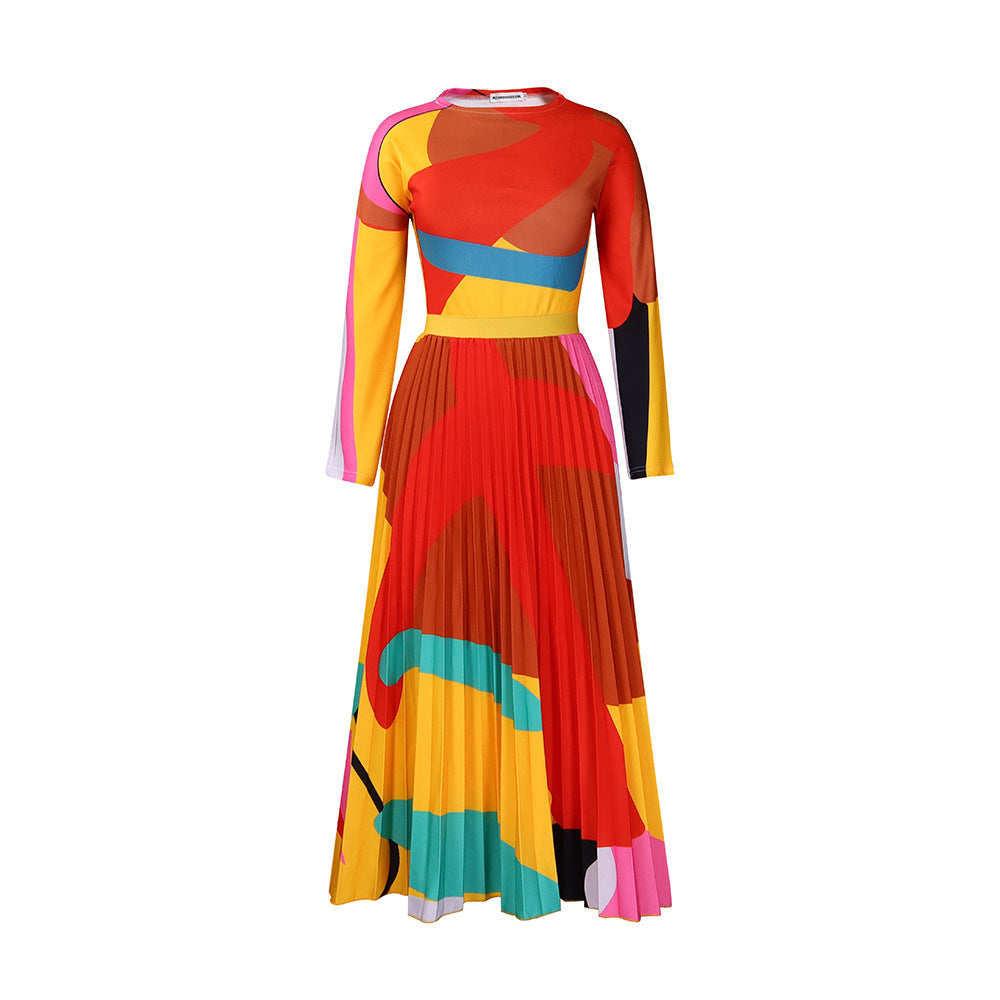 D420   autumn pleated print color block set - long sleeve top & fashionable midi skirt - european & american style two-piece outfit