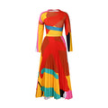 D420   autumn pleated print color block set - long sleeve top & fashionable midi skirt - european & american style two-piece outfit
