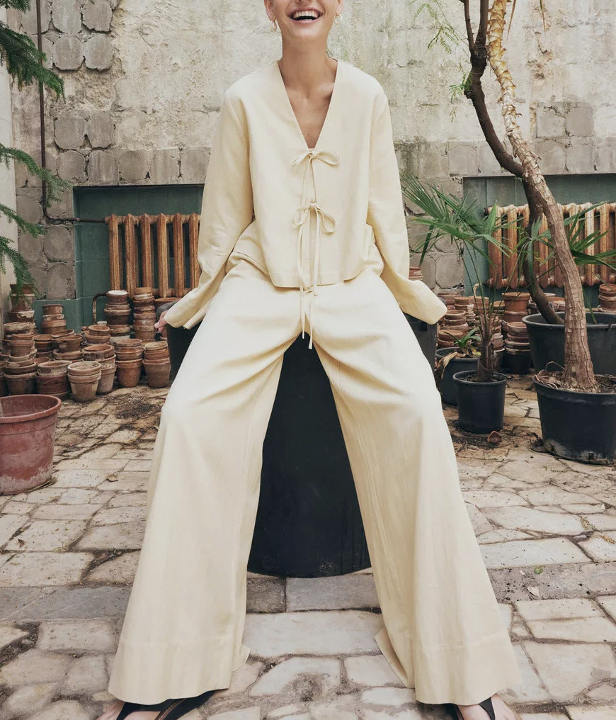 Cross-border independent station early autumn casual lace-up design cardigan trousers set European and American women's clothing fashion lazy two-piece set