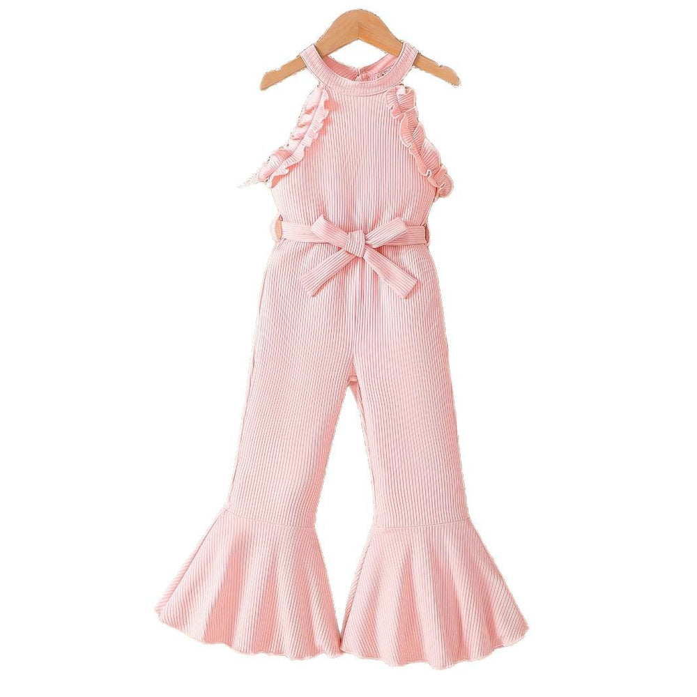 children's summer camisole top and flared pants set, in a blush pink ribbed knit, for girls. includes a vest top and long pants