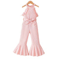 children's summer camisole top and flared pants set, in a blush pink ribbed knit, for girls. includes a vest top and long pants