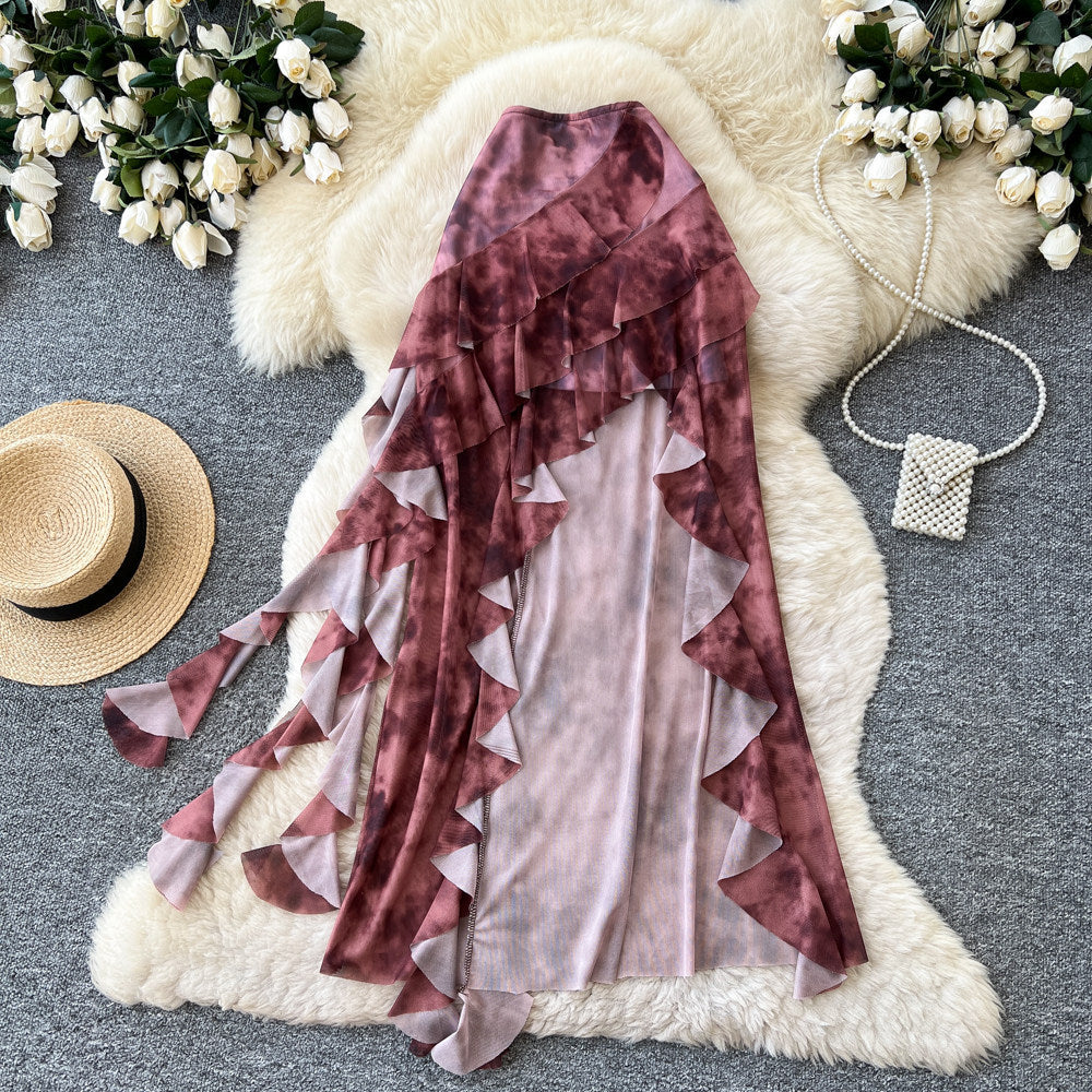 K-style tie-dye ruffles a-line skirt for women summerhigh waistslimming lookasymmetricalelegant mid-length skirtwork clothing