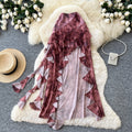 K-style tie-dye ruffles a-line skirt for women summerhigh waistslimming lookasymmetricalelegant mid-length skirtwork clothing