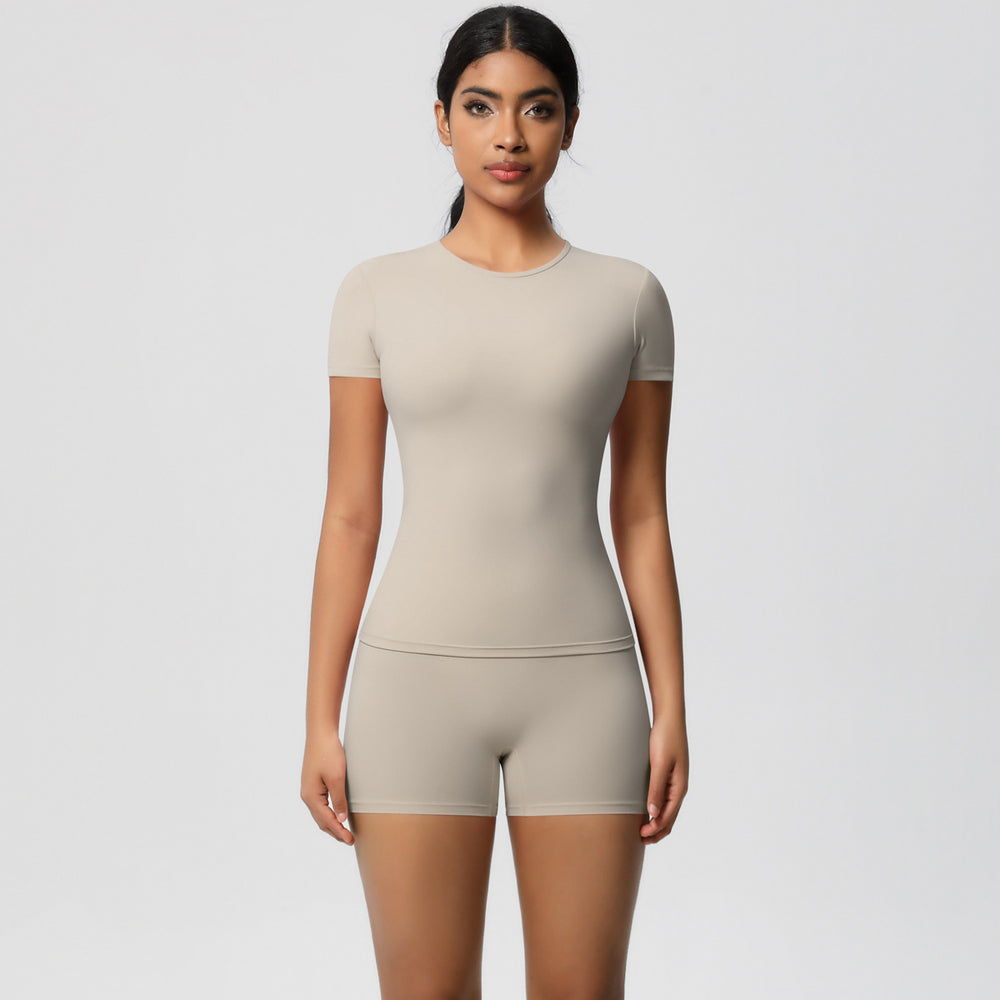 European and american nude feel tight-fitting short-sleeve t-shirt yoga outfit high-waisted butt-lifting quick-dry shorts running sports fitness set for women