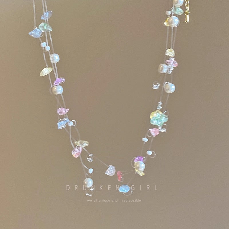 Colorful beaded pearl necklace for women - summer dopamine jewelry stackable choker accessory - high-end clavicle chain for beach vacation