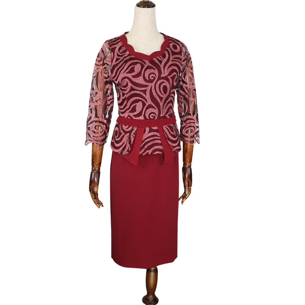 African women's mid-length dress -  &  - round neck printed office lady (ol) commute solid color two-piece dress set
