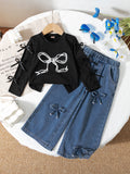 autumn cross-border girls' bow print crew neck top & 3d bow washed denim jeans two-piece set