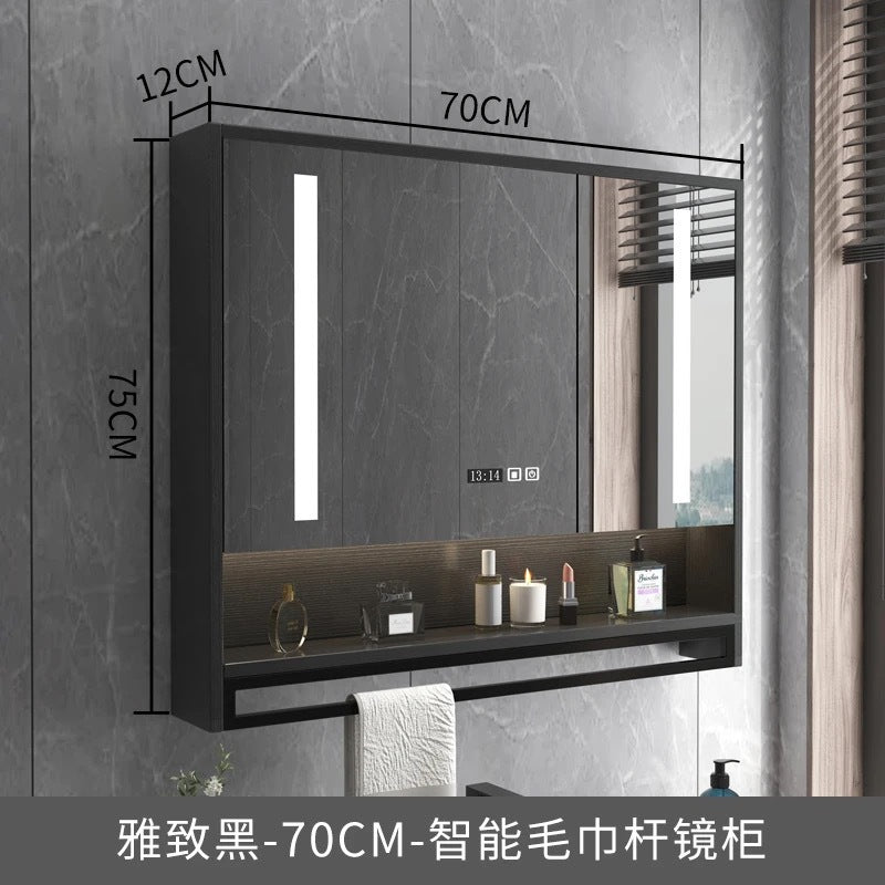 Smart bathroom mirror cabinet wall-mounted with lamp defogging separate solid wood mirror cabinet with towel bar bathroom storage mirror case