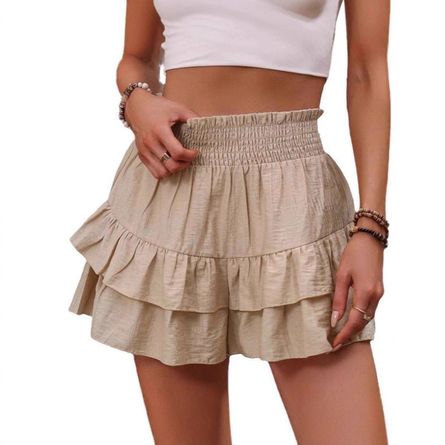2025 european and american cross-border summer casual high-waisted ruched tiered lace shorts