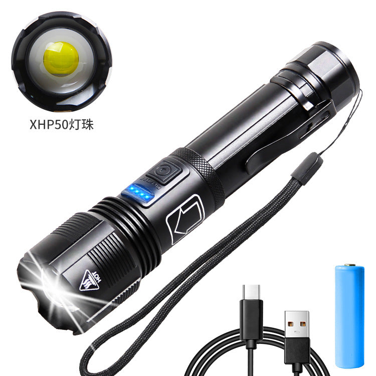 Cross-border new XHP-70 strong light telescopic zoom with pen buckle, power display tybe-c USB charging flashlight