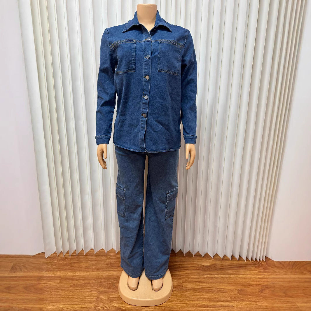 European and American  women's clothing  new loose lapel cardigan long-sleeved straight trousers multi-pocket set denim