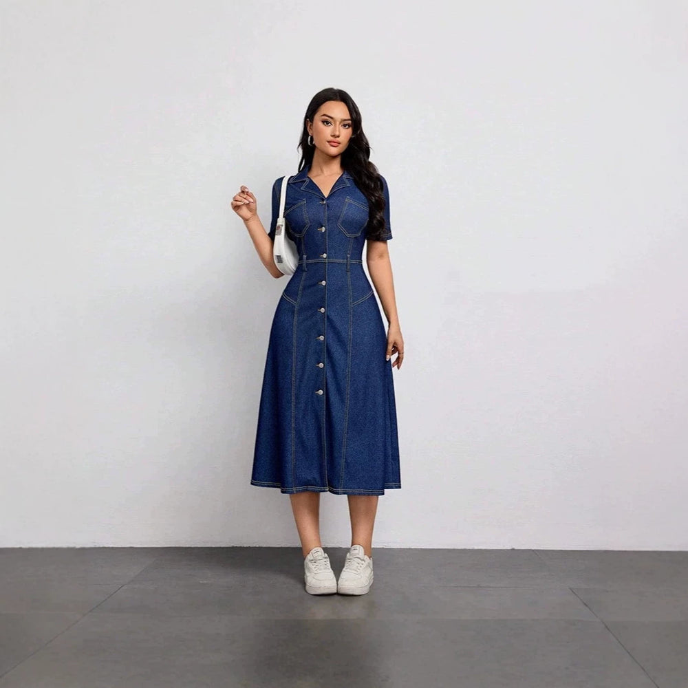 New arrivalfashion cross-border  independent station export short-sleeved lapel casual style shirt collar denim dress