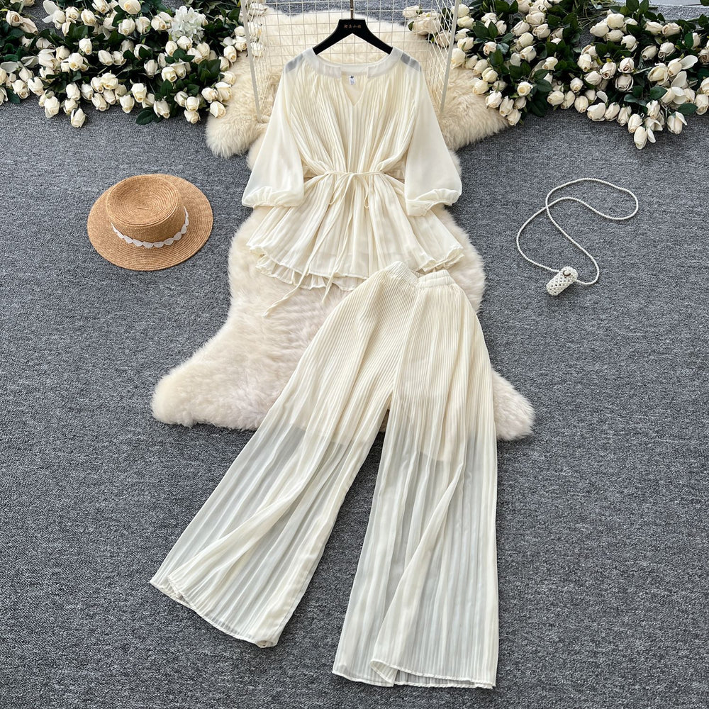 spring two-piece set for women: ruched v-neck tie-waist lantern sleeve top + high-waisted pleated wide-leg cropped pants