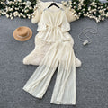 spring two-piece set for women: ruched v-neck tie-waist lantern sleeve top + high-waisted pleated wide-leg cropped pants