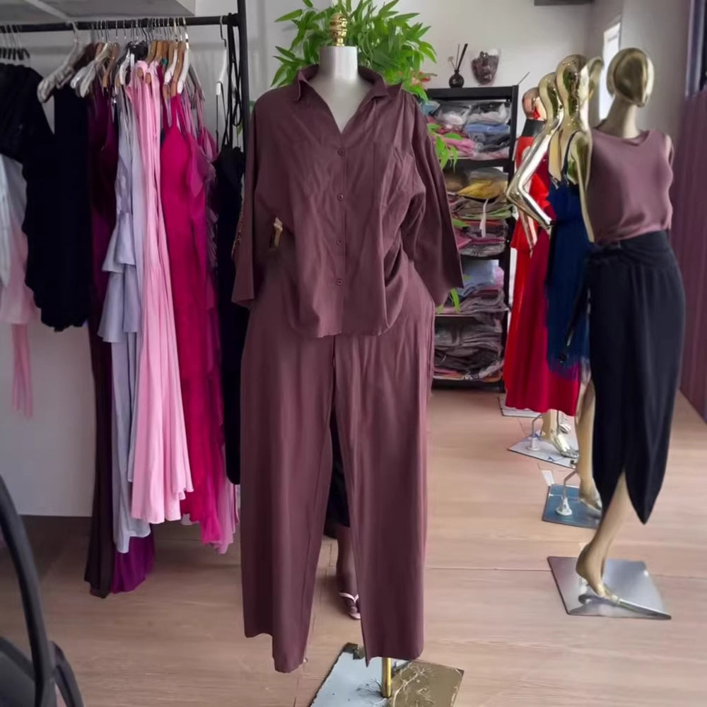 European and american cross-border women's fashion:  summer new collection - solid color, relaxed fit, turn-down collar shirt and wide-leg pants casual set