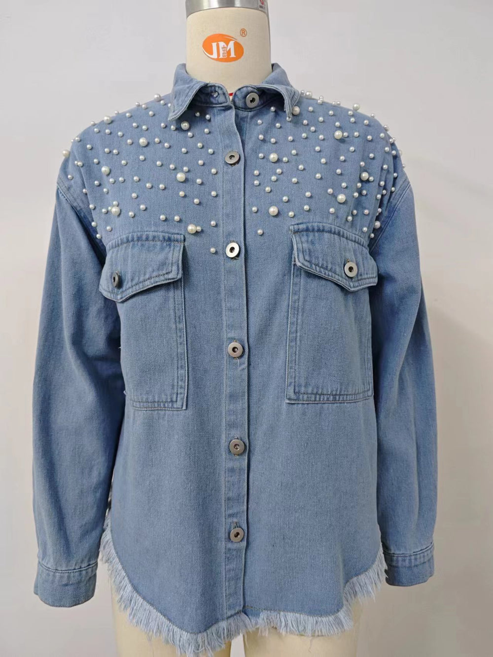 European and american cross-border foreign trade  lapel beaded long sleeves duplex pockets raw edge hem washed denim outwear