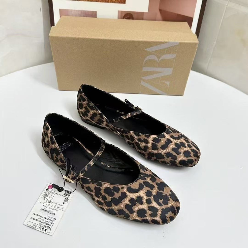 Za2025 new leopard print round toe flats women's shoes french mary jane casual versatile commuter shoes