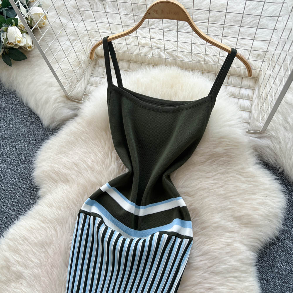 European and american high-end striped knit cami dress - women's summer slimming, figure-flattering, unique, stunning maxi dress