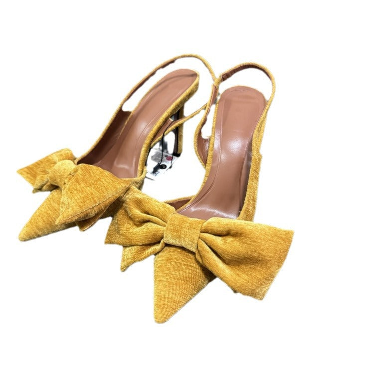 Z brand bow-embellished velvet pointed-toe mules, yellow high heels, 2024 spring new collection, low-cut fashion sandals