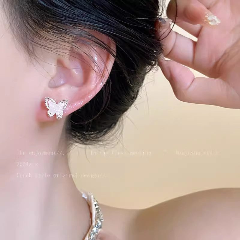 S925 silver needle pink temperament earrings gentle stylish niche super fairy girl heart ice crystal butterfly high-end earrings