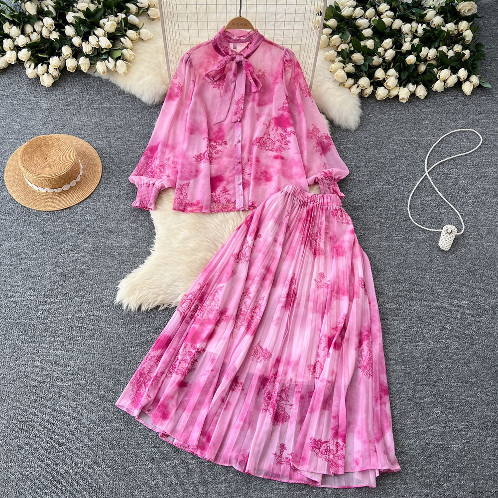 Gentle wind two-piece set women's frenchclassy sense bowstie back lantern sleeve printingshirt drape skirt