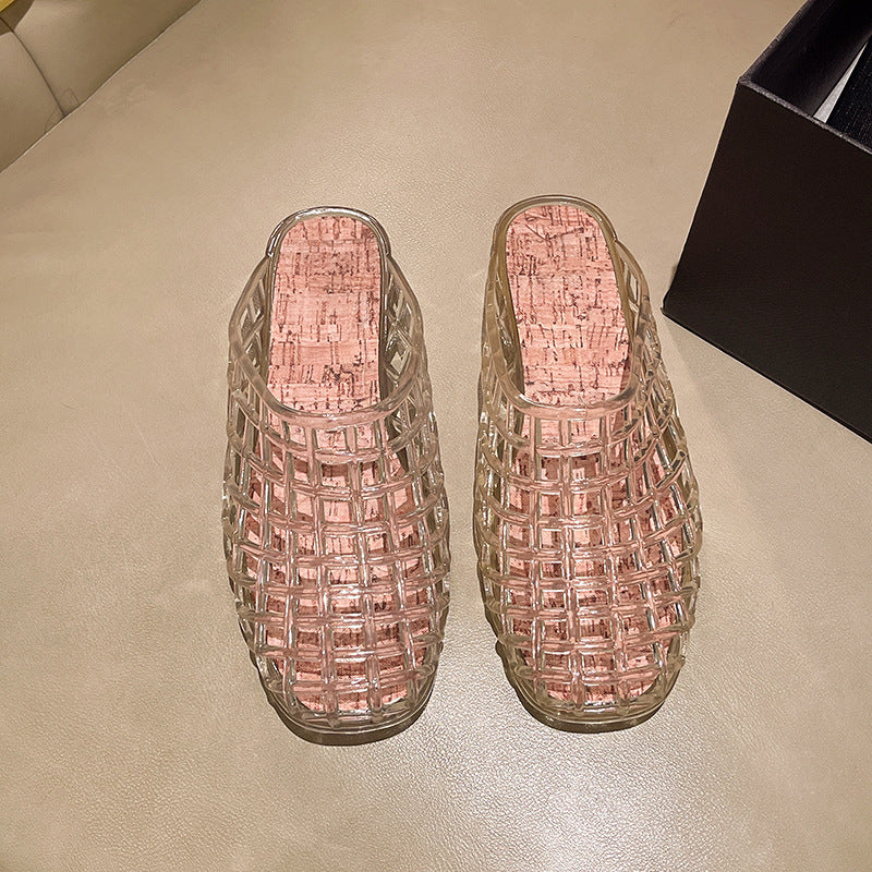 Transparent crystal shoes flats toe-cap half slippers for women outwear2025new arrivalcut out mesh shoes jelly shoes fashion sandals